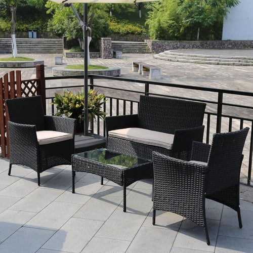 4 Piece Rattan Patio Set With Glass Table Black Cushions