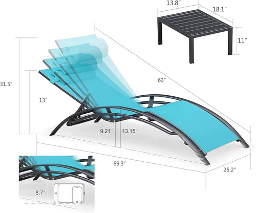 Patio Chaise Lounge Chair Set with 2 Side Table Outdoor Pool