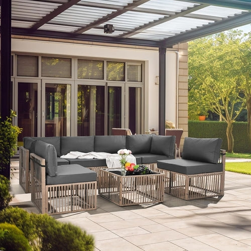 Brown Rattan Outdoor Conversation Set With Gray Cushions