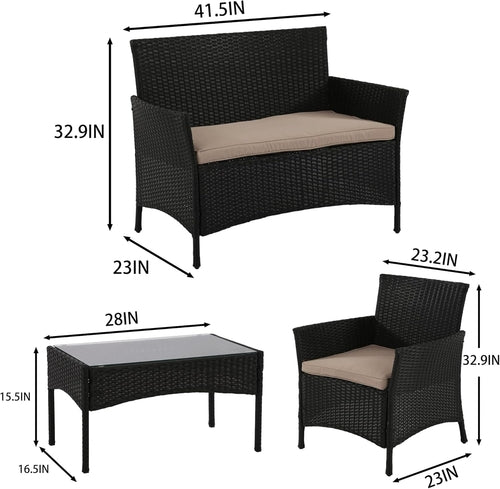 4 Piece Rattan Patio Set With Glass Table Black Cushions